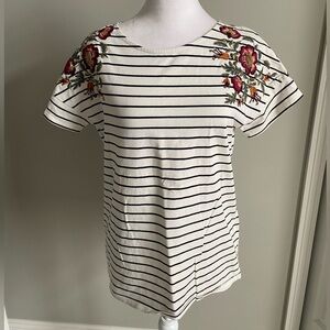 Chico's Black and White Striped Top with Floral Embroidery